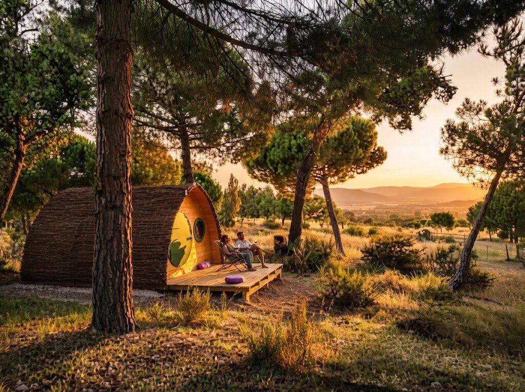 Tenda glamping ao pôr do sol na natureza portuguesa — Glamping em Portugal