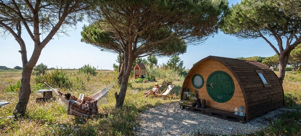 Iurte com esplanada e espreguiçadeiras — Glamping em Portugal